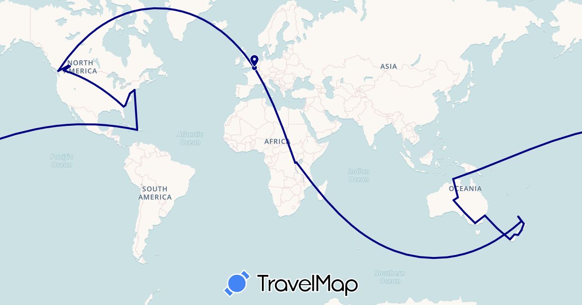 TravelMap itinerary: driving in Australia, Canada, France, Haiti, New Zealand, Rwanda, United States (Africa, Europe, North America, Oceania)